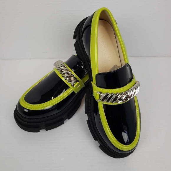 Womens Zaynsia Platform Loafers Shoes Black Patent Leather Neon Yellow 6M New - Picture 1 of 14